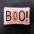 Madcap Cottage Pink halloween throw pillow with black and orange text that says Boo