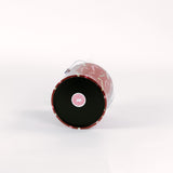 bottom of a Dancing Candy Canes, a red acrylic Christmas ice bucket covered in a candy can motif fabric