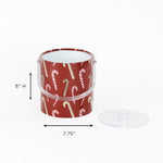 dimension of a Dancing Candy Canes red acrylic Christmas ice bucket covered in a candy can motif fabric