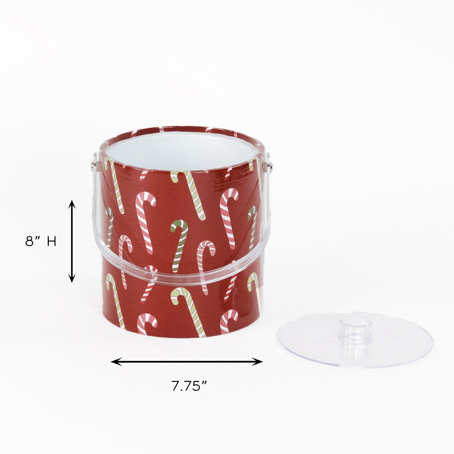 dimension of a Dancing Candy Canes red acrylic Christmas ice bucket covered in a candy can motif fabric