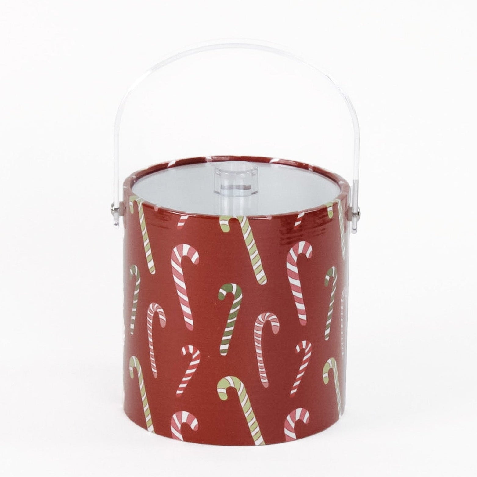 Dancing Candy Canes is a red acrylic Christmas ice bucket covered in a candy can motif fabric