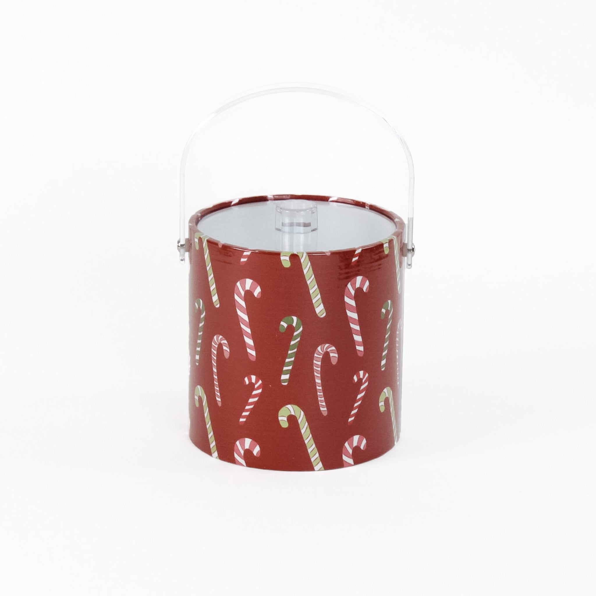 Dancing Candy Canes is a red acrylic Christmas ice bucket covered in a candy can motif fabric