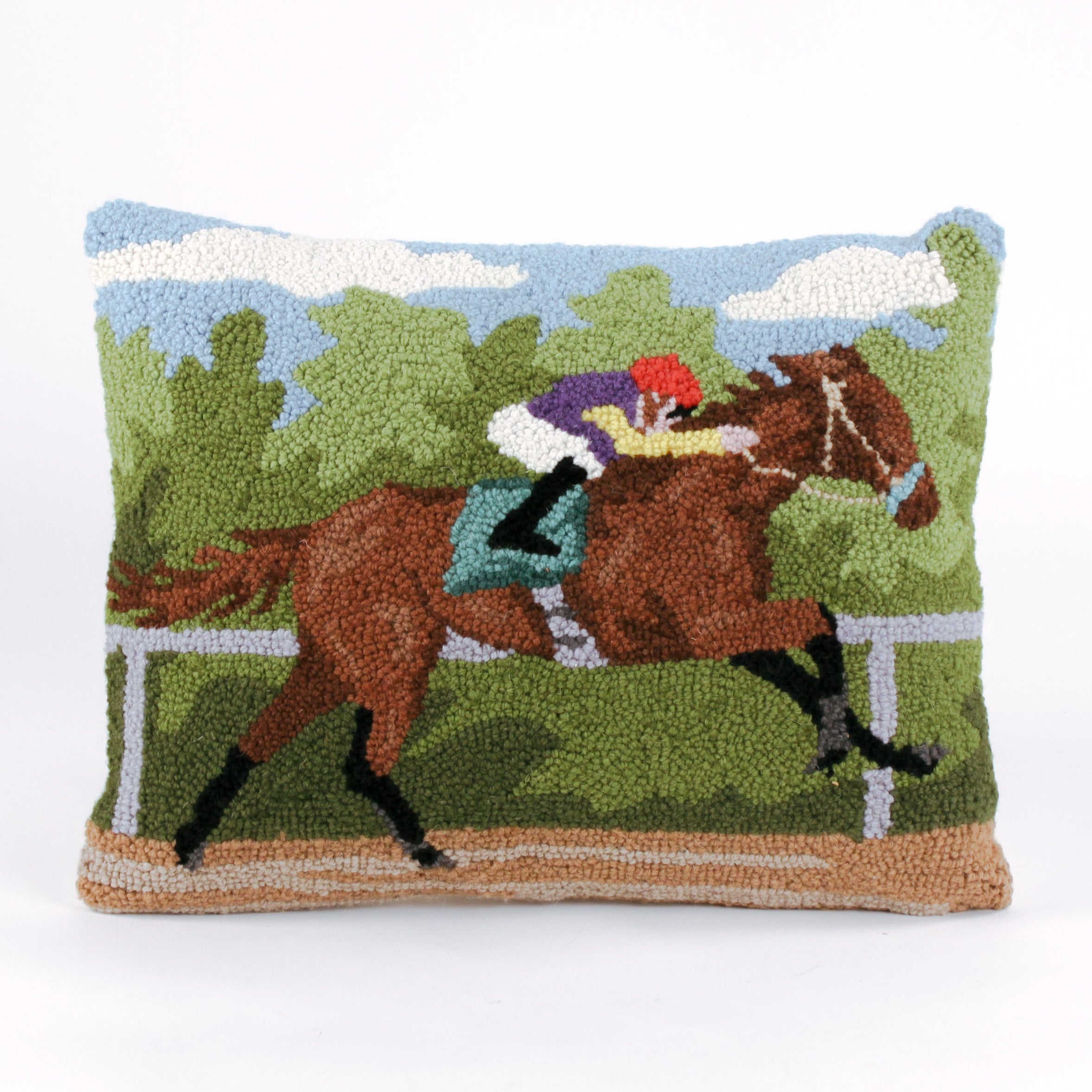 a hooked wool derby day pillow featuring a brown horse and mulitcolor jockey