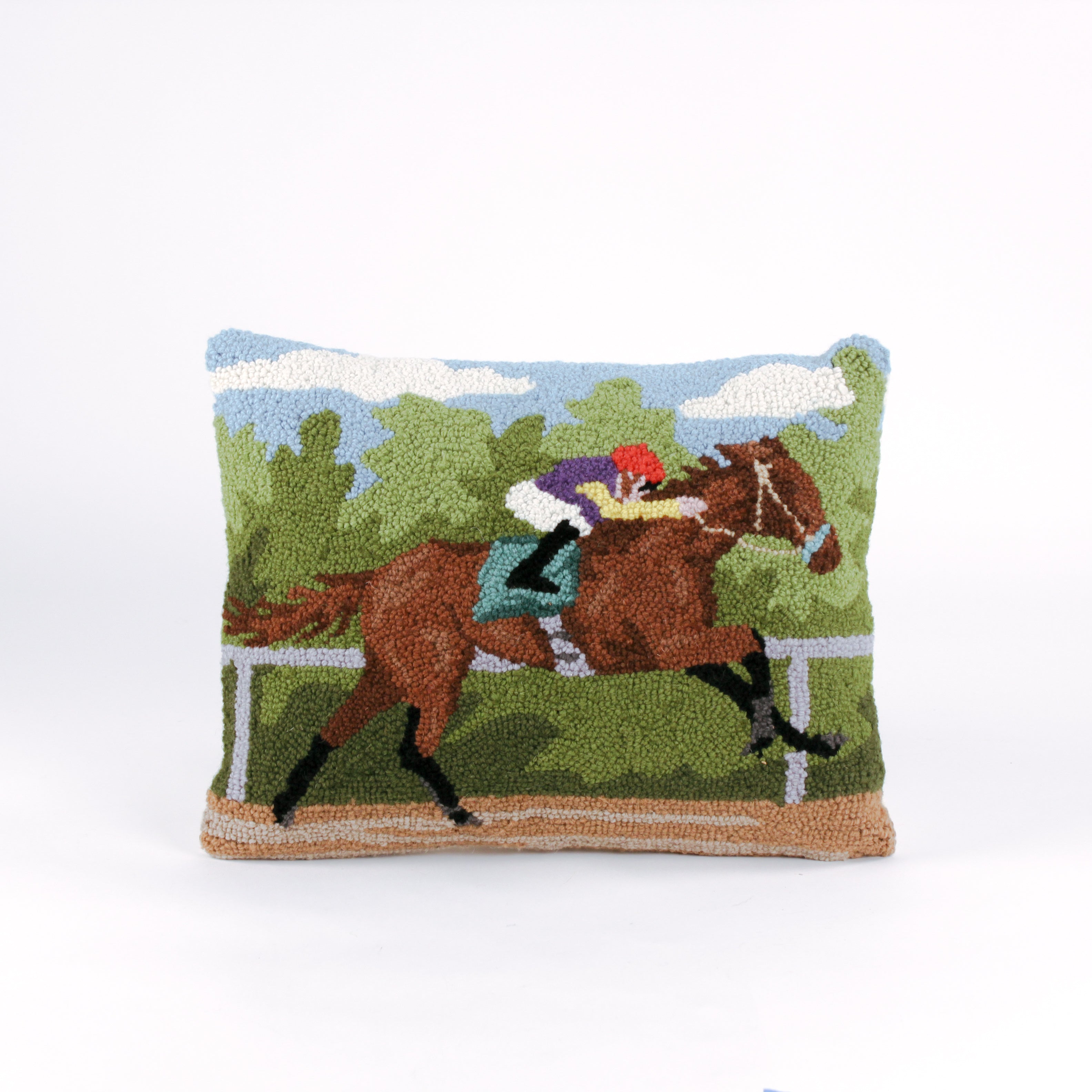 a hooked wool derby day pillow featuring a brown horse and mulitcolor jockey