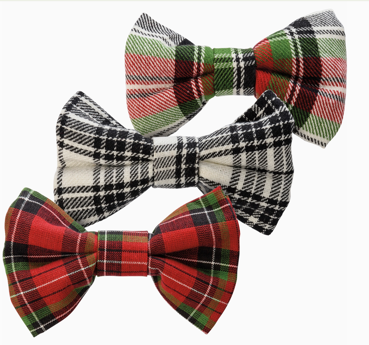 3 different dog bow style from Madcap Cottage, Royal Stewart Red/Green, MacLoecke Black/White and McNixon Red/White/DarkGreen