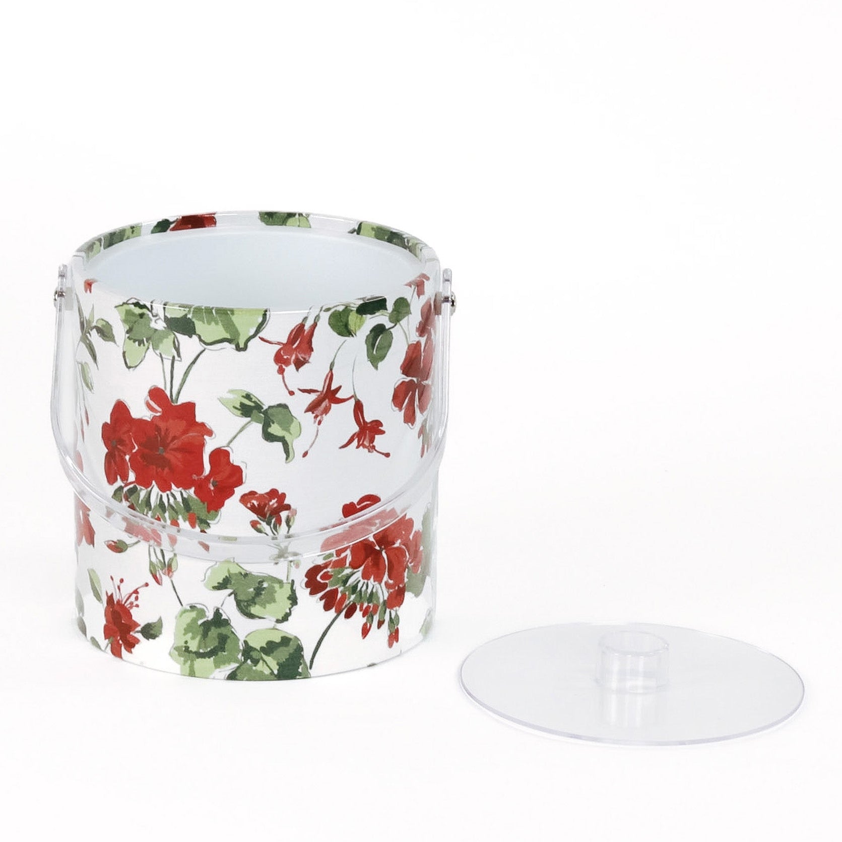 Cottage Grove Geranium is an acrylic ice bucket covered in red geranium fabric in white background