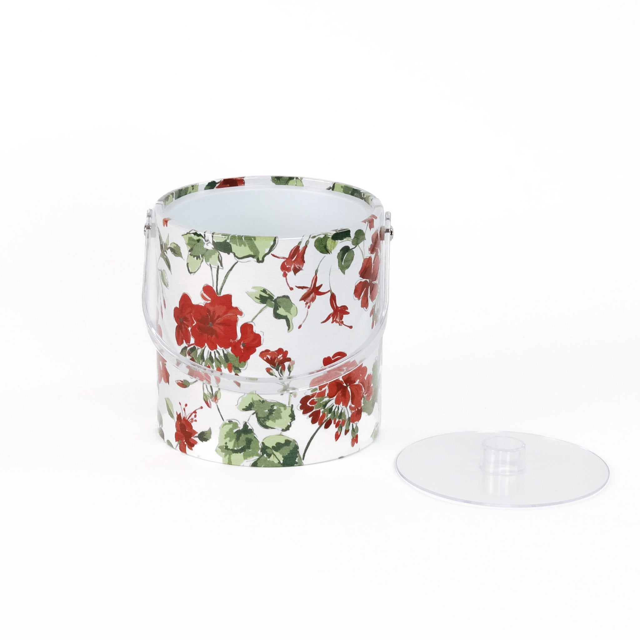 Cottage Grove Geranium is an acrylic ice bucket covered in red geranium fabric in white background