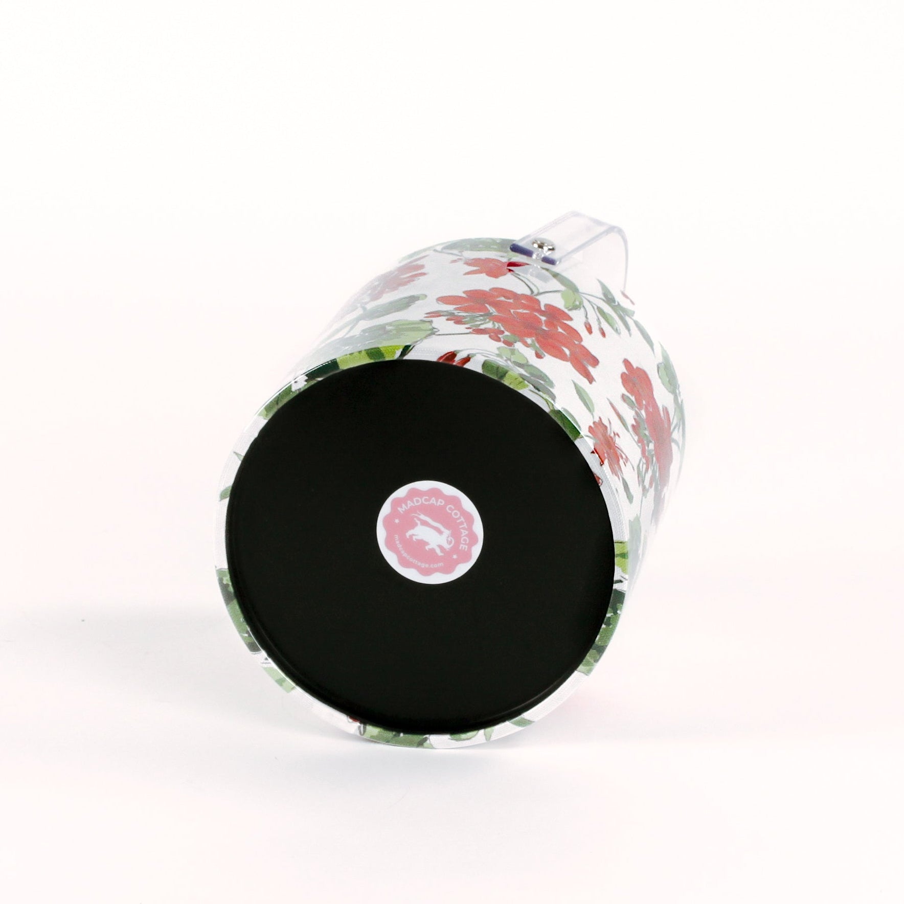 bottom of a Cottage Grove Geranium is an acrylic ice bucket covered in red geranium fabric in white background