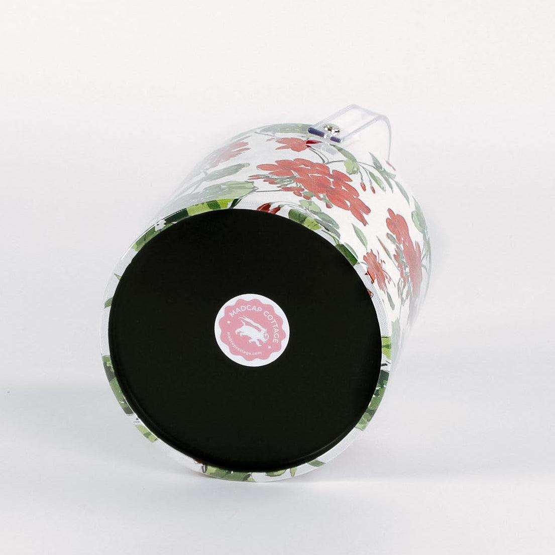 bottom of a Cottage Grove Geranium is an acrylic ice bucket covered in red geranium fabric in white background