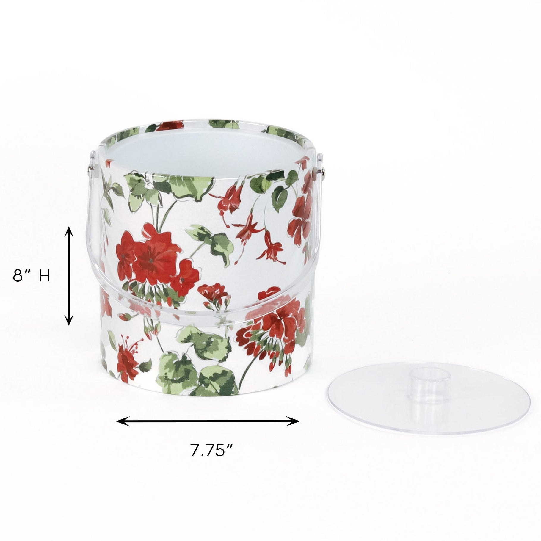 dimension of a Cottage Grove Geranium is an acrylic ice bucket covered in red geranium fabric in white background