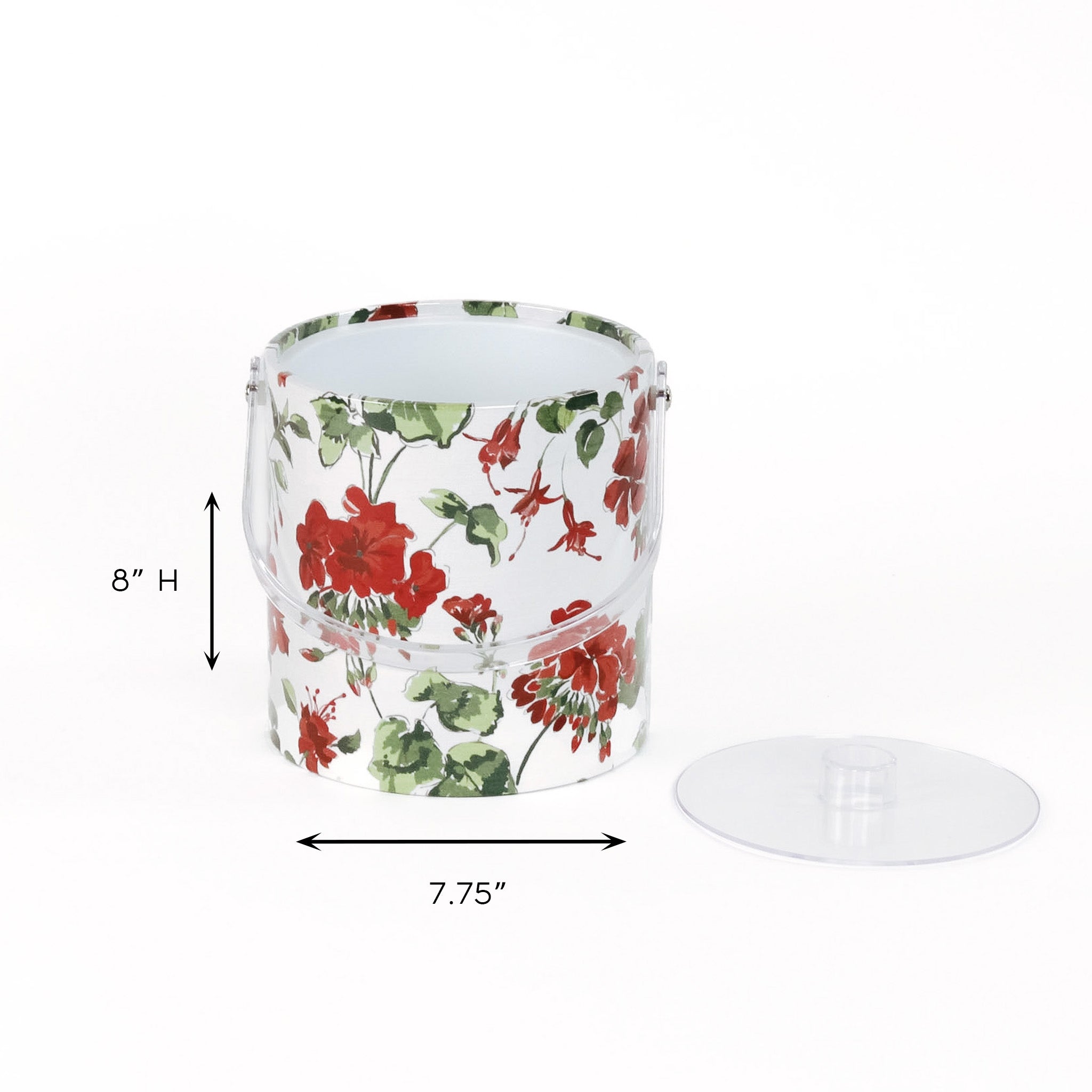 dimension of a Cottage Grove Geranium is an acrylic ice bucket covered in red geranium fabric in white background