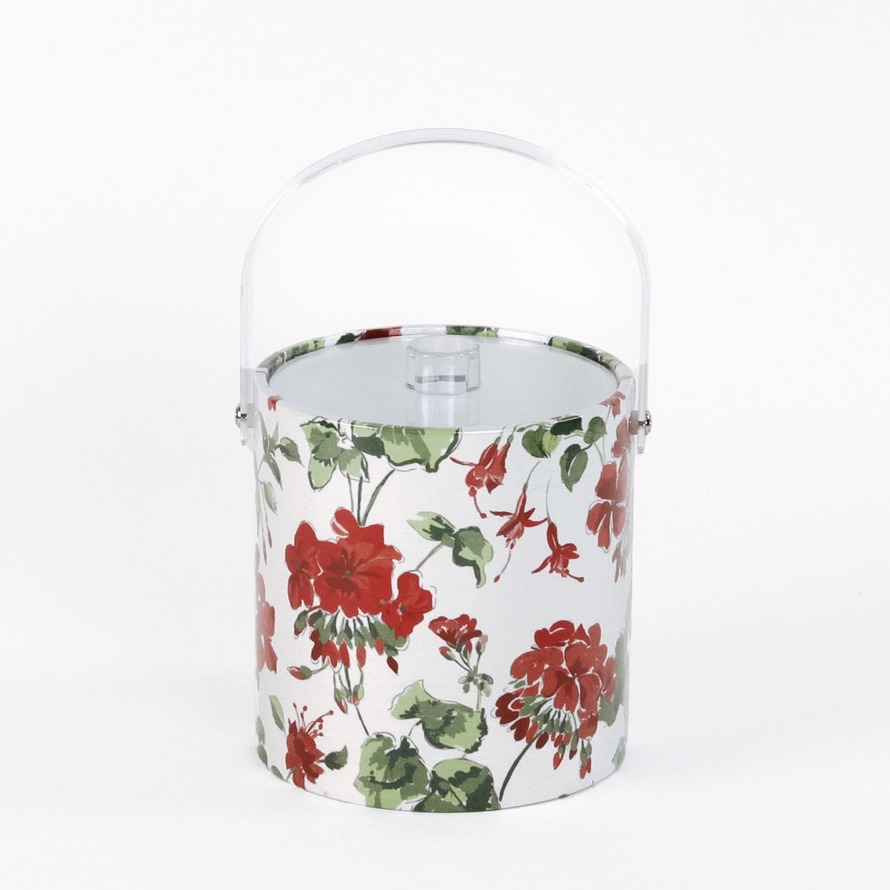 Cottage Grove Geranium is an acrylic ice bucket covered in red geranium fabric in white background