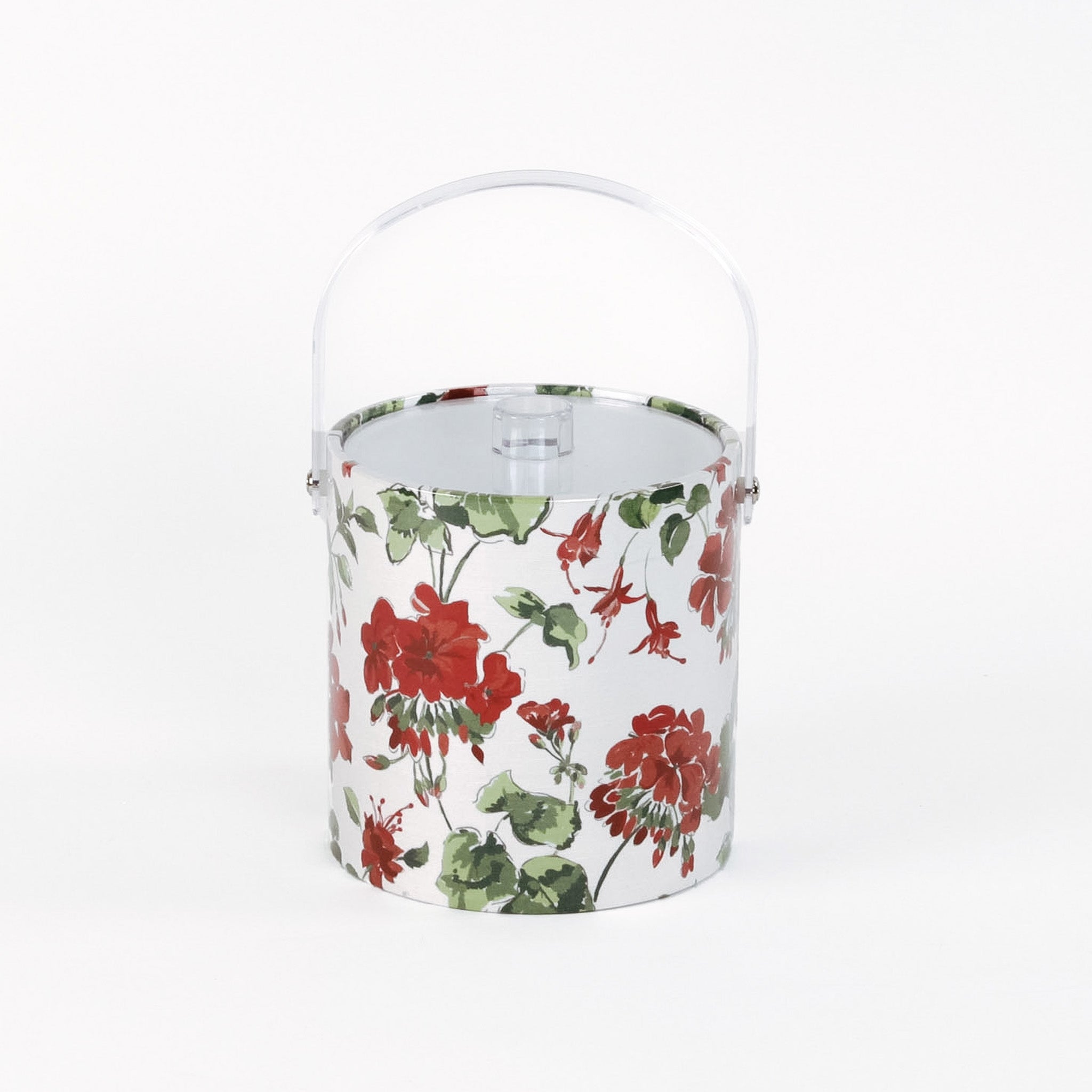 Cottage Grove Geranium is an acrylic ice bucket covered in red geranium fabric in white background
