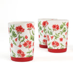 set of 3 Hand-painted glass with red geraniums and a red band around the base in a white background