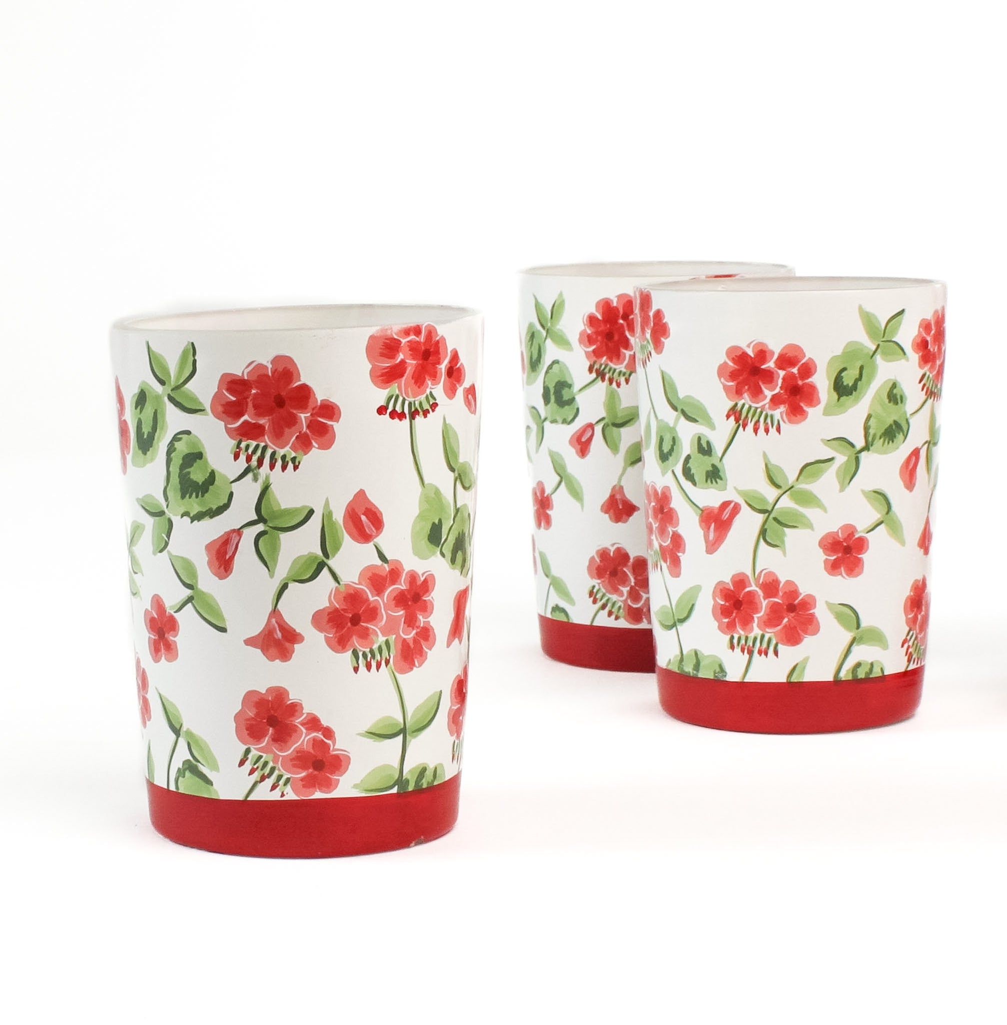 set of 3 Hand-painted glass with red geraniums and a red band around the base in a white background