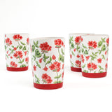 4 set of Hand-painted glass with red geraniums and a red band around the base in a white background