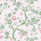 pink and green chinoiserie wallpaper featuring green cherry blossom motifs on a pale pink background.