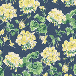 geranium wallpaper with yellow geraniums on a navy blue background.