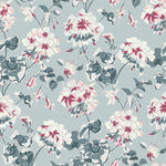 Geranium wallpaper featuring red, pink and white geraniums on a light blue background. 