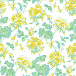 Geranium wallpaper featuring yellow geraniums on a white background.