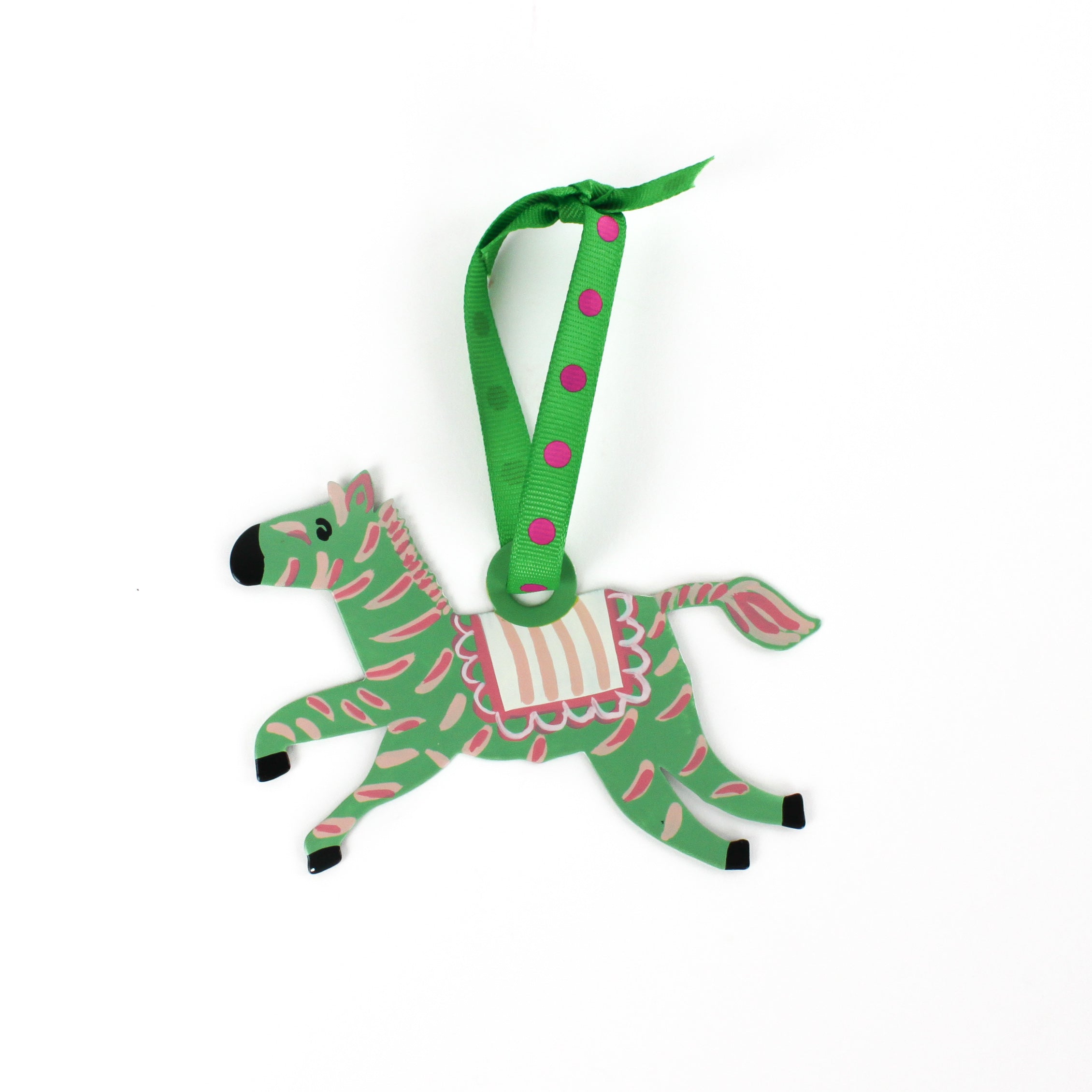 Green and pink zebra ornament on a white background