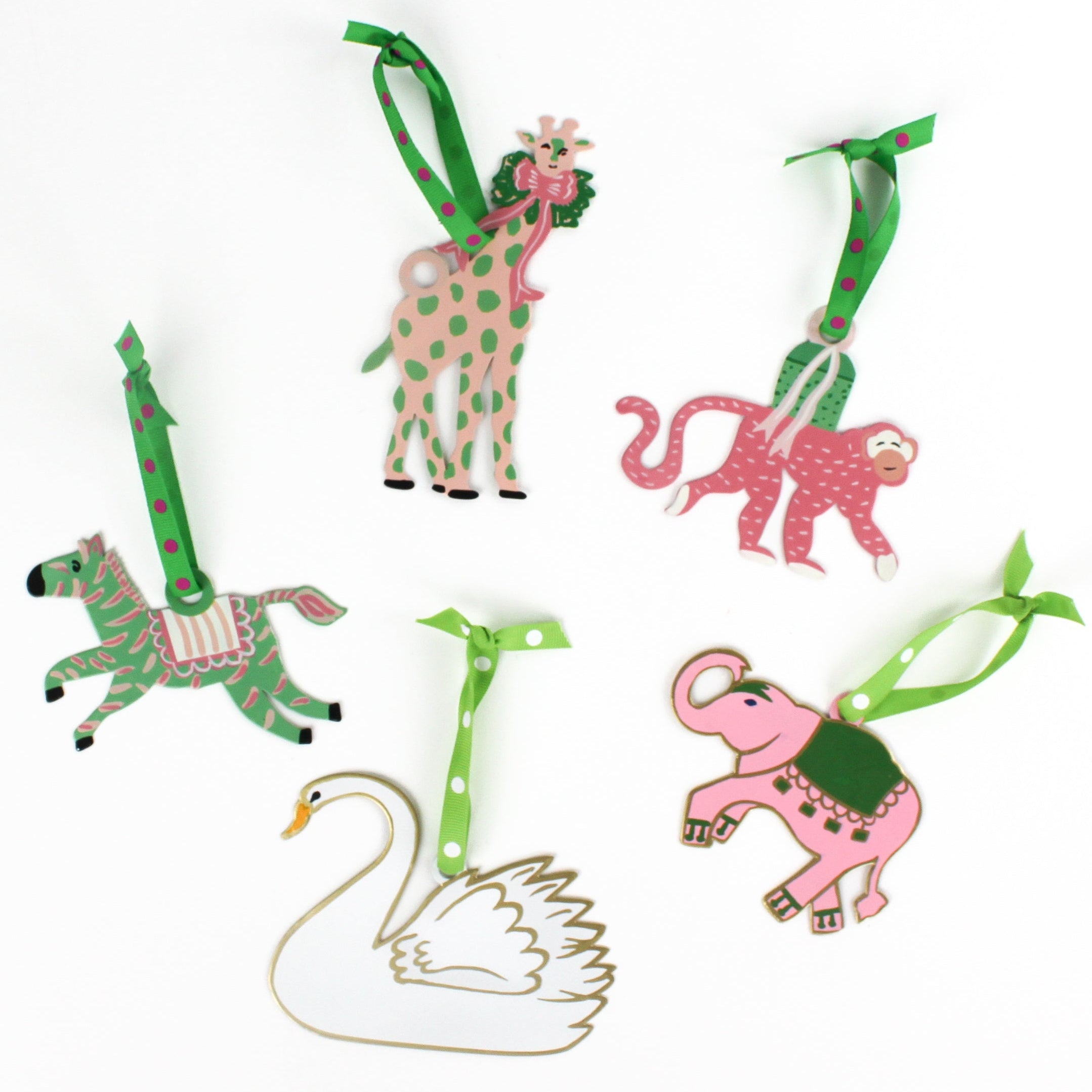 Set of colorful animal-themed Christmas ornaments on a white background from Madcap Cottage. 