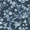 Blue and white chinoiserie wallpaper featuring blue cherry blossom motifs on a dark blue background.