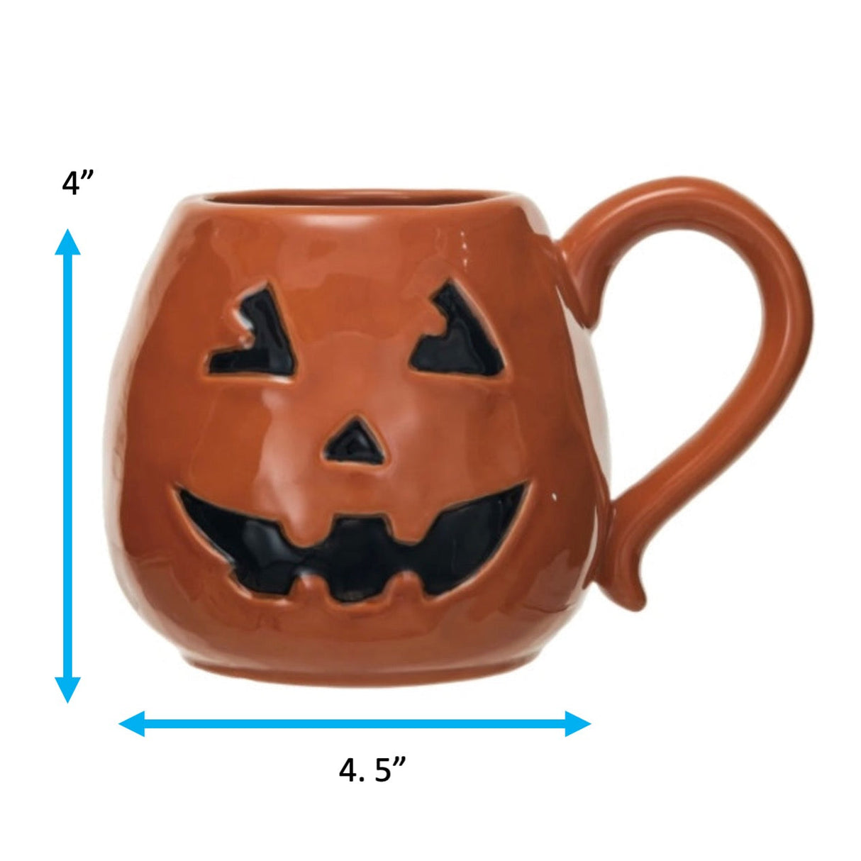 Orange ceramic mugs with a jack o'lantern design, one with a handle, dimension is 4" by 4.5".