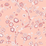 pink and white chinoiserie wallpaper featuring pink cherry blossom motifs on a pale pink background.