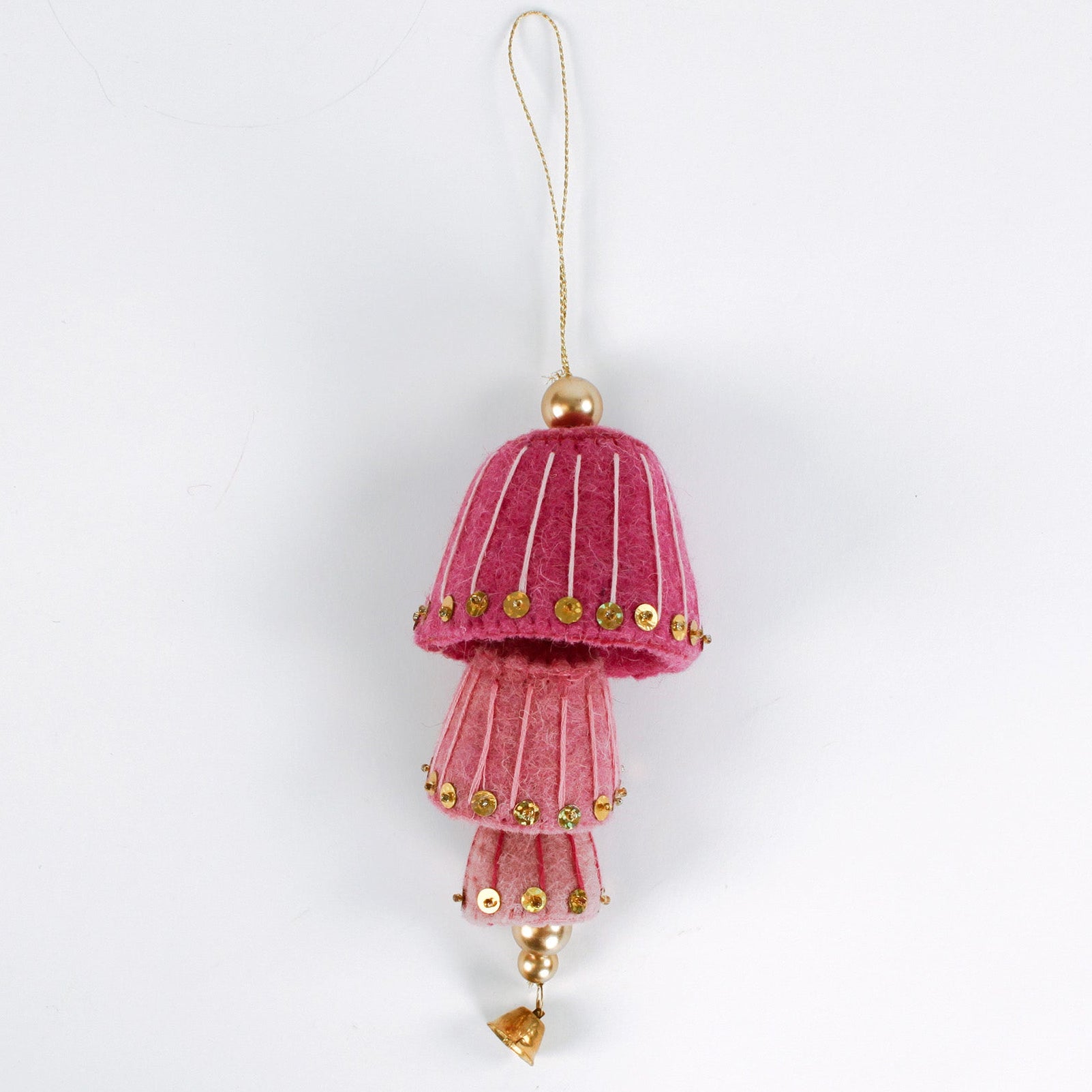 decorative felt christmas ornaments in pink with gold sequin details on a white background