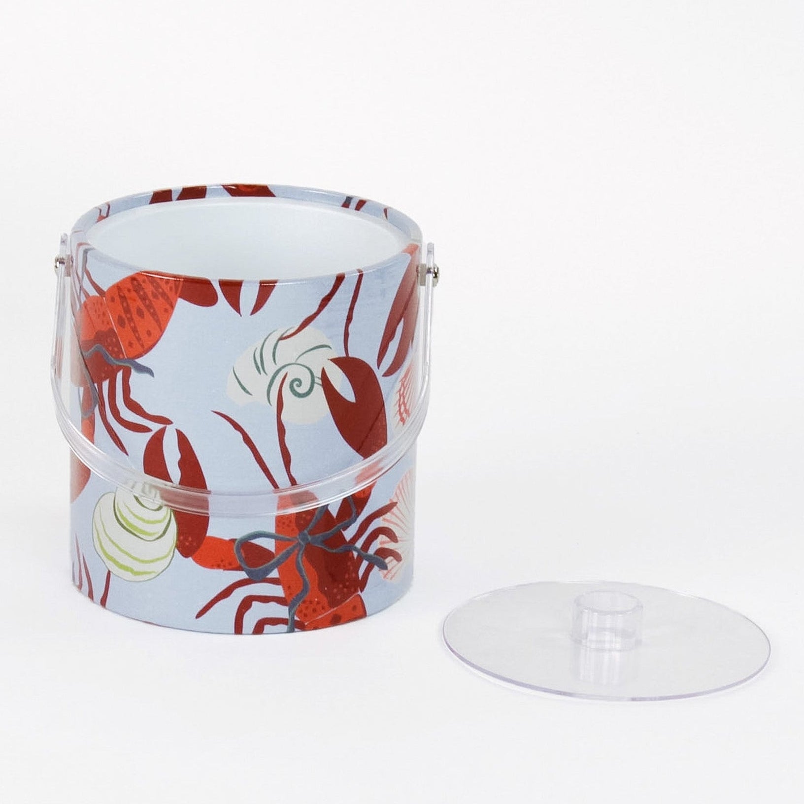 Rock Lobster red and blue ice bucket filled with ice and champagne features a green shell and red lobster print