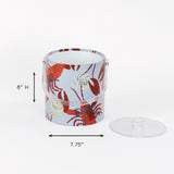 dimension of a Rock Lobster red and blue ice bucket filled with ice and champagne features a green shell and red lobster print