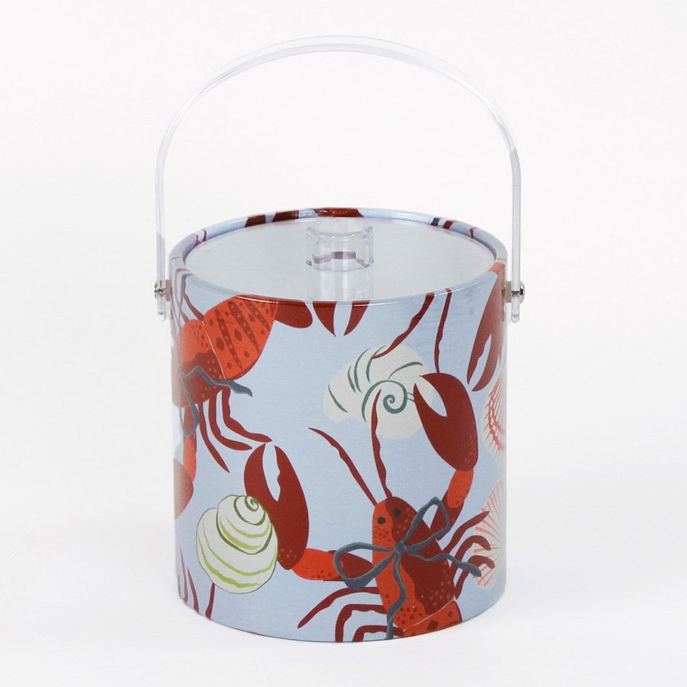 Rock Lobster red and blue ice bucket filled with ice and champagne features a green shell and red lobster print