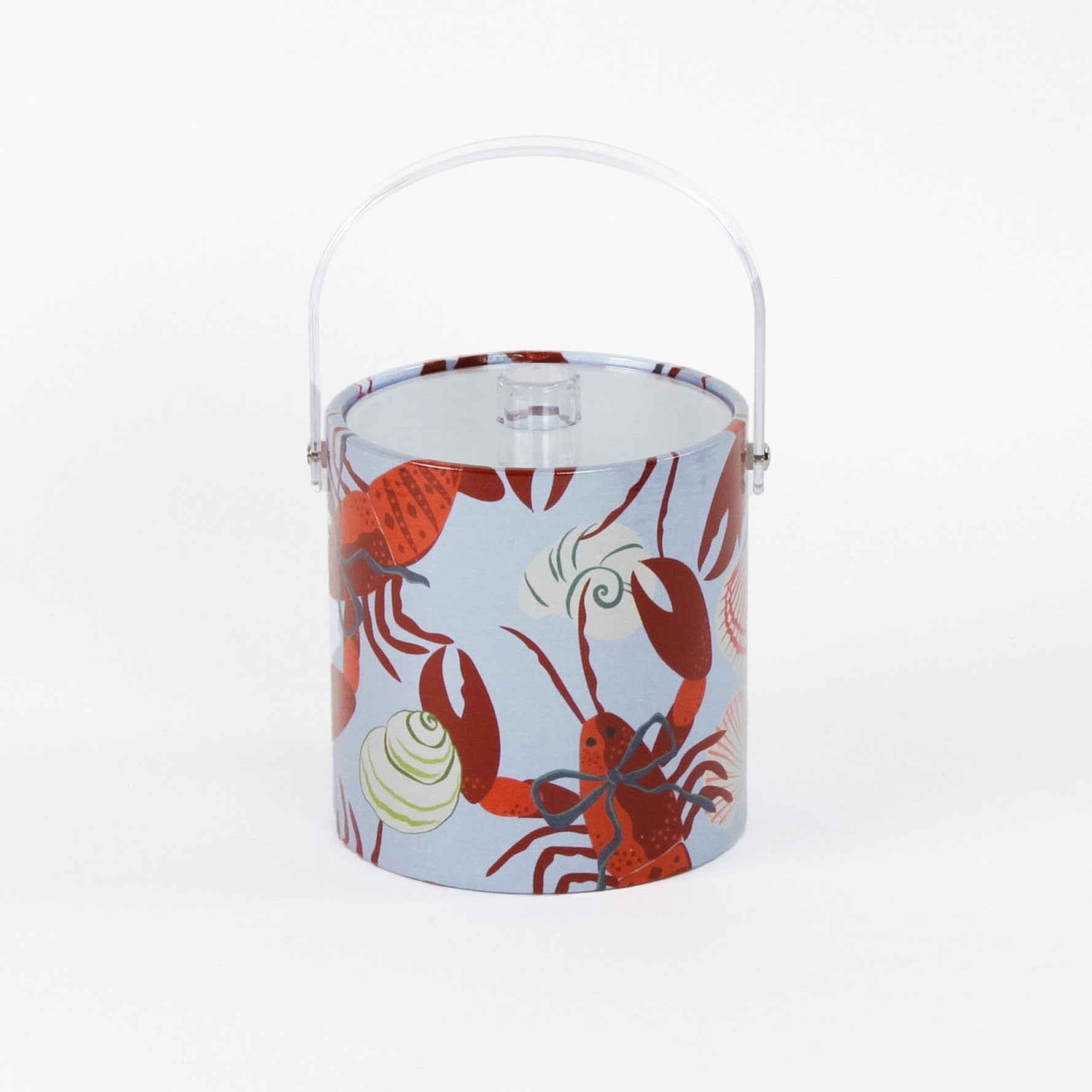Rock Lobster red and blue ice bucket filled with ice and champagne features a green shell and red lobster print