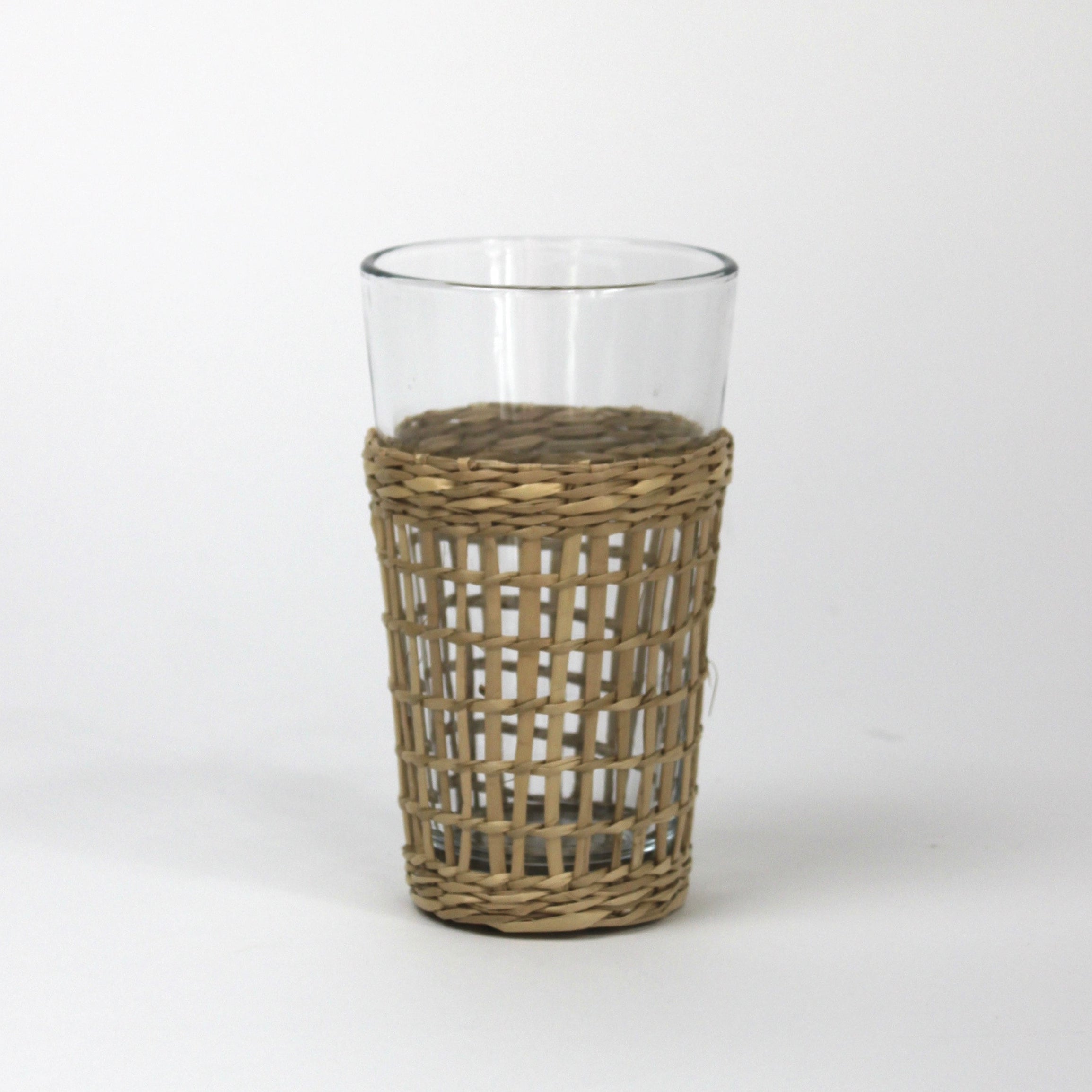 a seagrass wrapped glass from madcap cottage 