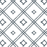 A navy bamboo trellis wallpaper design on a white background from Madcap Cottage. 