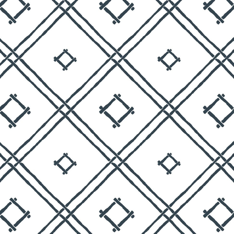 A navy bamboo trellis wallpaper design on a white background from Madcap Cottage. 
