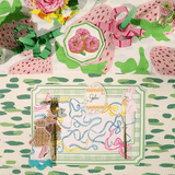 an easter placemat featuring a blue ribbon and easter bunny design gliding across a colorful easter tablescape