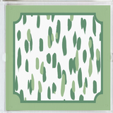 Close-up view of Club House square green acrylic tray. Two tones of green brushstrokes with a border of green