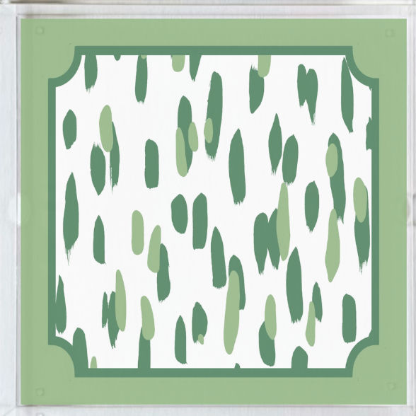 Close-up view of Club House square green acrylic tray. Two tones of green brushstrokes with a border of green