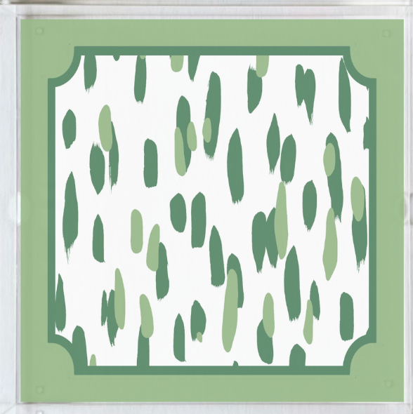 Close-up view of Club House square green acrylic tray. Two tones of green brushstrokes with a border of green