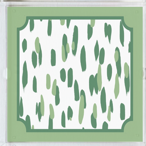 Close-up view of Club House square green acrylic tray. Two tones of green brushstrokes with a border of green