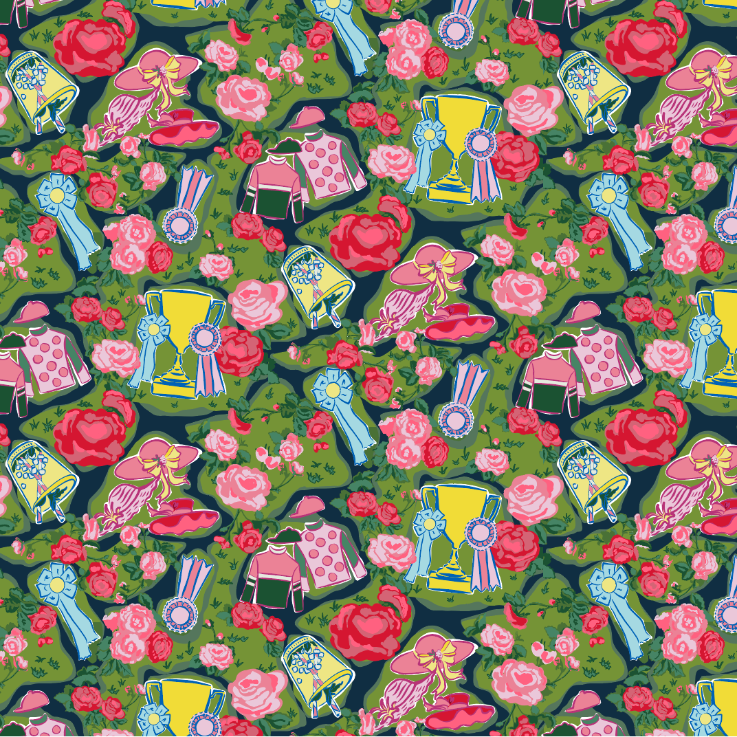 A madcap Cottage Kentucky Derby Fabric featuring jockey silks, rosettes and other derby motifs. 