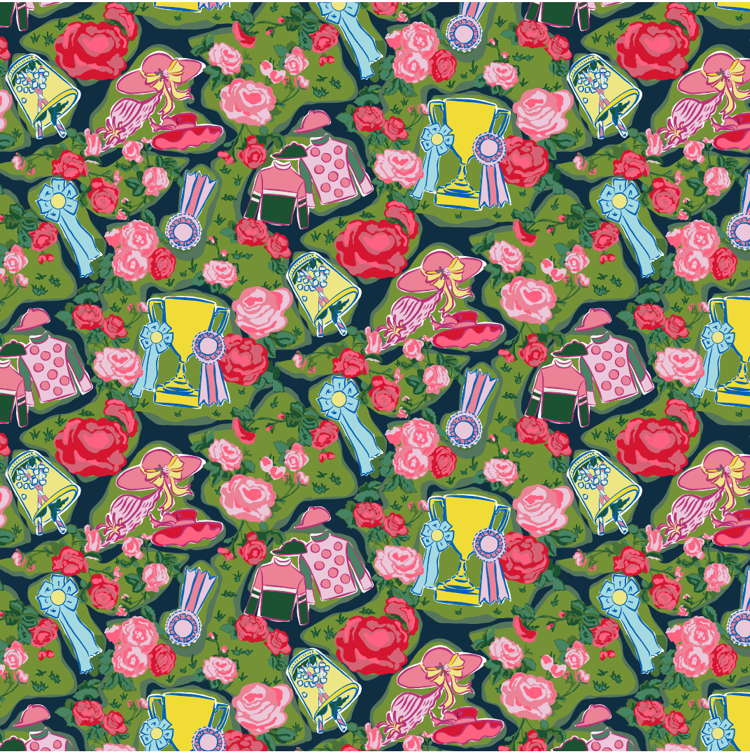 A madcap Cottage Kentucky Derby Fabric featuring jockey silks, rosettes and other derby motifs. 