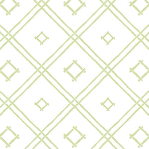 A green bamboo trellis wallpaper design on a white background from Madcap Cottage. 