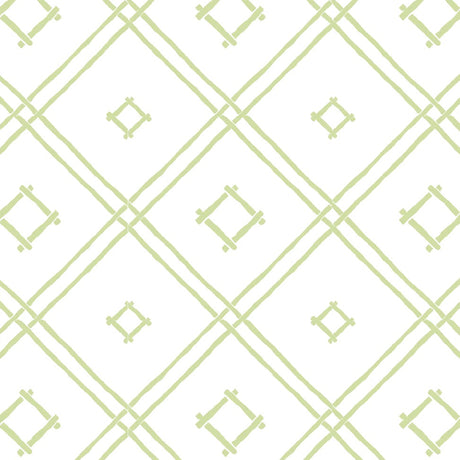 A green bamboo trellis wallpaper design on a white background from Madcap Cottage. 