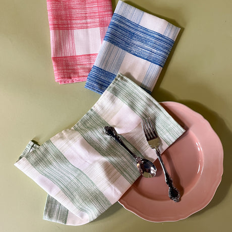 three gingham dinner napkins in gin lane print fabric by madap cottage