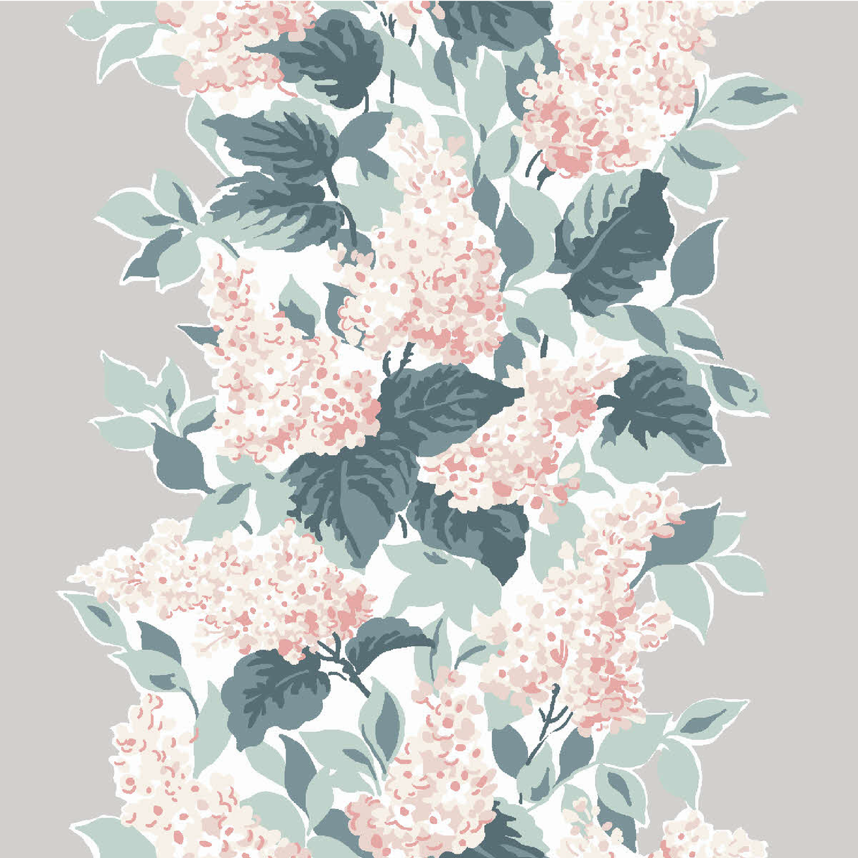 a grey and pink fabric sample featuring a leafy hydrangea motif. 