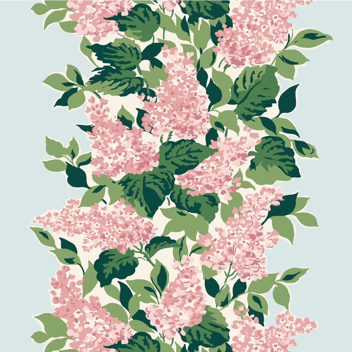 a light blue and pink fabric sample featuring a leafy hydrangea motif. 