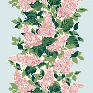 a light blue and pink fabric sample featuring a leafy hydrangea motif. 